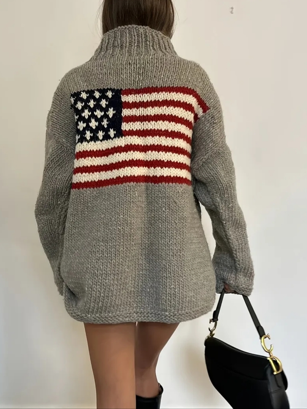 Womens American Flag Sweater Oversized Turtleneck Pullover Cozy Long Sleeve - Picture 2 of 3